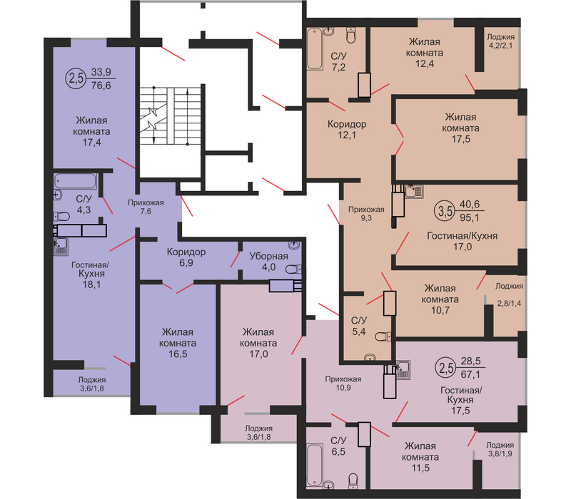 Трехкомнатная квартира, 95.1 м², этаж 12