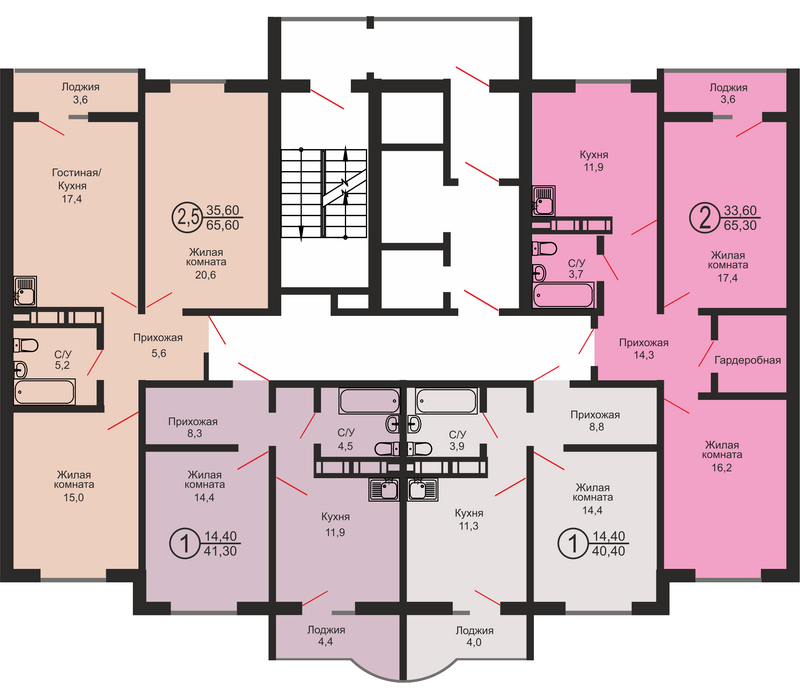 Двухкомнатная квартира, 65.3 м², этаж 3