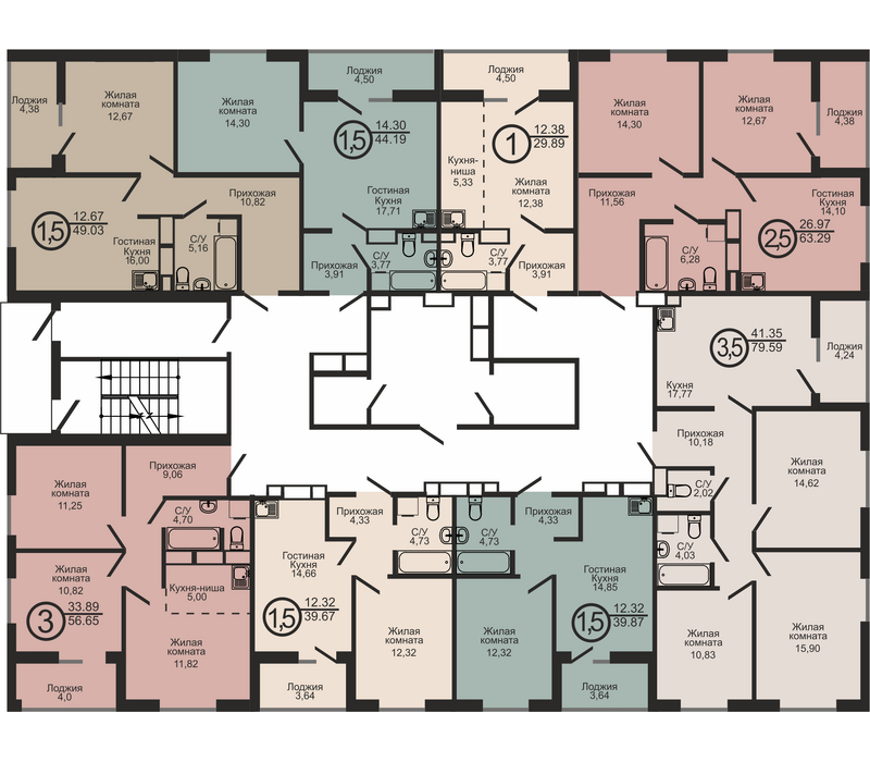 Двухкомнатная квартира, 63.29 м², этаж 17