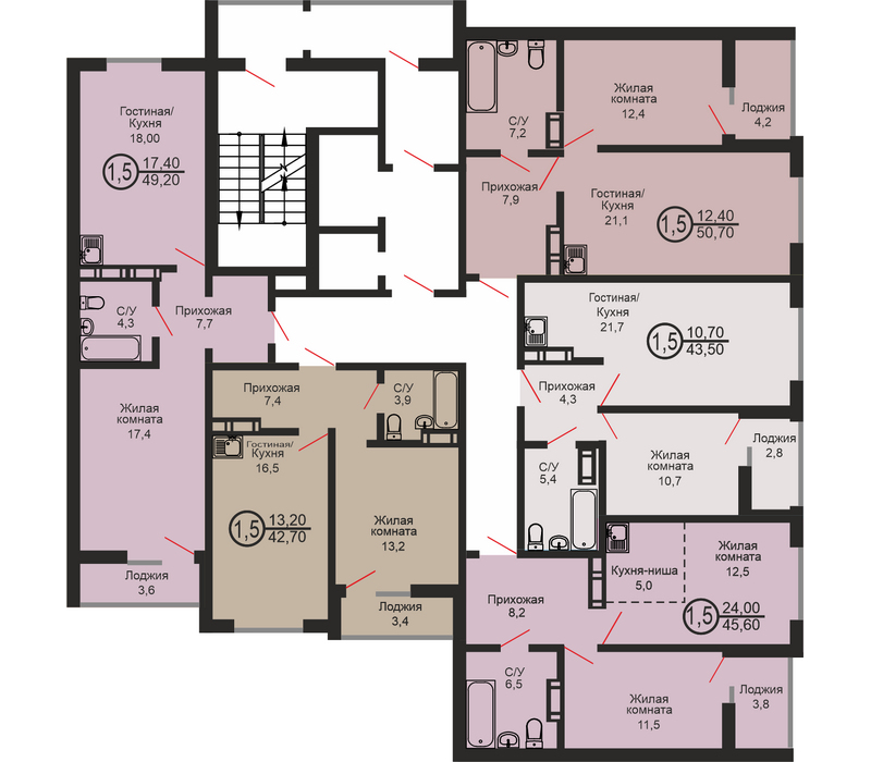 Однокомнатная квартира, 42.7 м², этаж 15