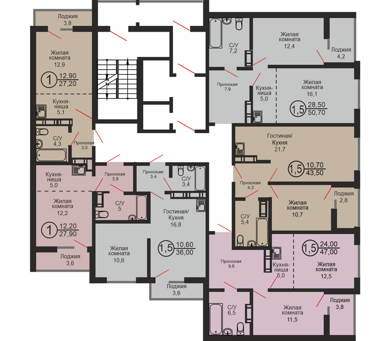 Однокомнатная квартира, 50.7 м², этаж 8