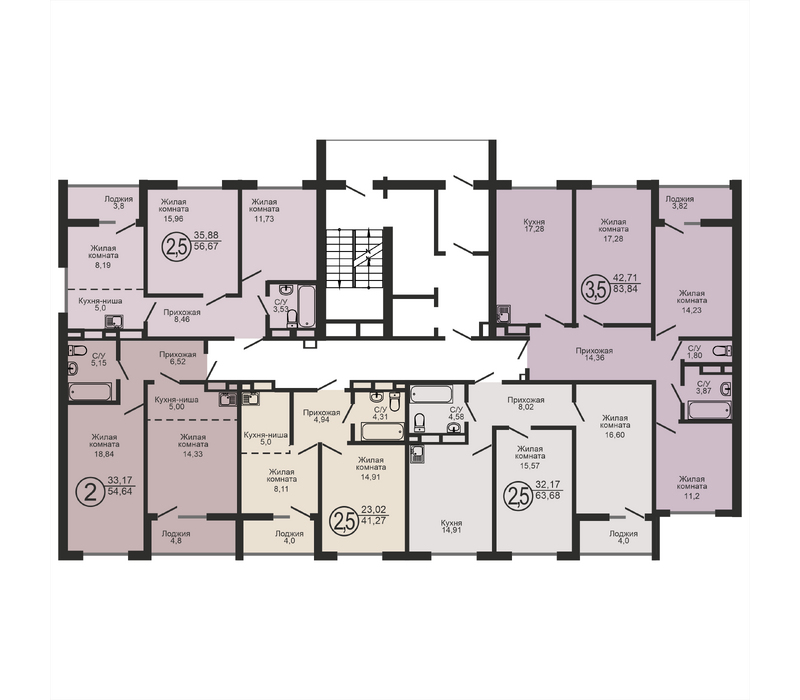 Двухкомнатная квартира, 41.27 м², этаж 17
