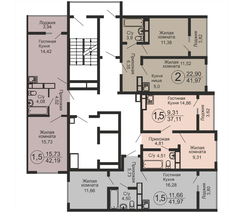 Однокомнатная квартира, 42.19 м², этаж 13