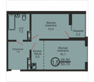 Однокомнатная квартира, 50.7 м², этаж 8