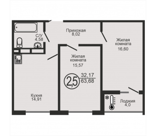 Двухкомнатная квартира, 63.68 м², этаж 12