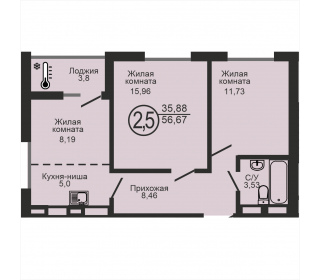 Трехкомнатная квартира, 56.67 м², этаж 17