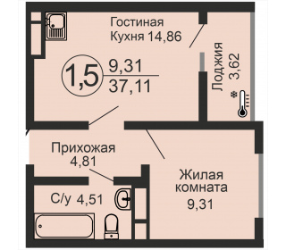 Однокомнатная квартира, 37.11 м², этаж 2