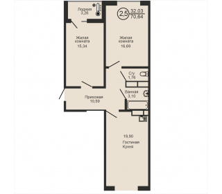 Двухкомнатная квартира, 70.64 м², этаж 11