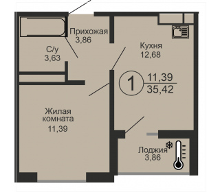 Однокомнатная квартира, 35.42 м², этаж 18