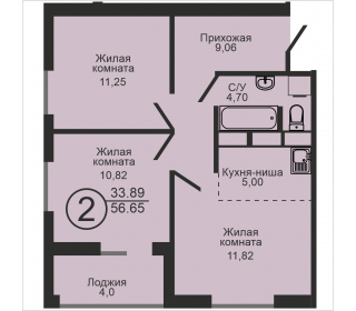 Двухкомнатная квартира, 56.65 м², этаж 12