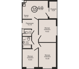 Трехкомнатная квартира, 79.59 м², этаж 15
