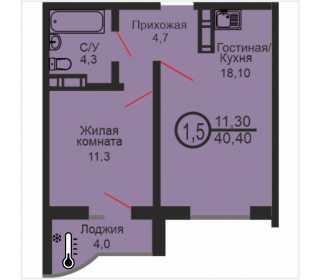 Однокомнатная квартира, 40.4 м², этаж 2