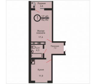 Однокомнатная квартира, 42.4 м², этаж 9