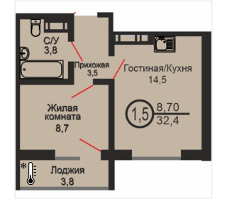 Однокомнатная квартира, 32.4 м², этаж 13