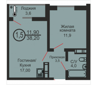 Однокомнатная квартира, 38.2 м², этаж 13