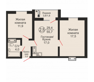 Двухкомнатная квартира, 55.7 м², этаж 12