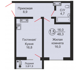 Однокомнатная квартира, 48.3 м², этаж 14