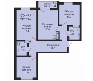 Трехкомнатная квартира, 85.2 м², этаж 14