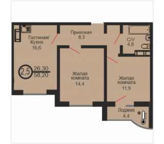 Двухкомнатная квартира, 58.2 м², этаж 17