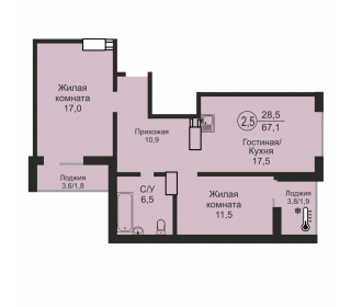 Двухкомнатная квартира, 67.1 м², этаж 8