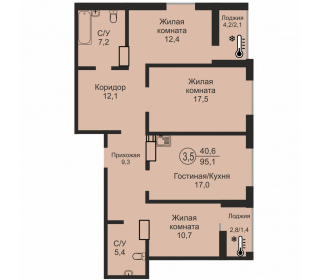 Трехкомнатная квартира, 95.1 м², этаж 15