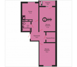 Двухкомнатная квартира, 65.3 м², этаж 9