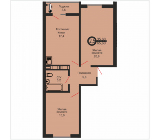 Двухкомнатная квартира, 65.6 м², этаж 16