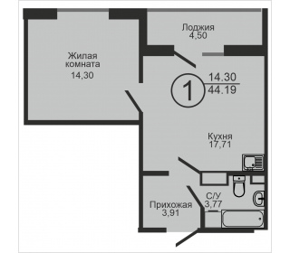 Однокомнатная квартира, 44.19 м², этаж 9