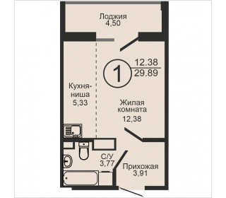 Однокомнатная квартира, 29.89 м², этаж 10