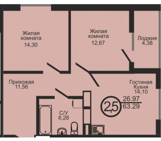 Двухкомнатная квартира, 63.29 м², этаж 10