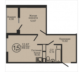 Однокомнатная квартира, 49.03 м², этаж 12