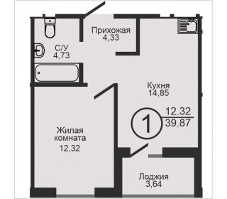 Однокомнатная квартира, 39.87 м², этаж 12
