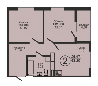 Двухкомнатная квартира, 63.29 м², этаж 13