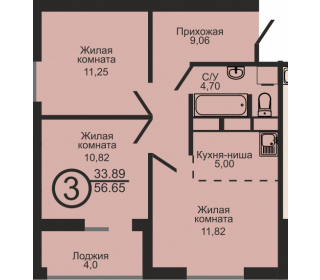 Трехкомнатная квартира, 56.65 м², этаж 16