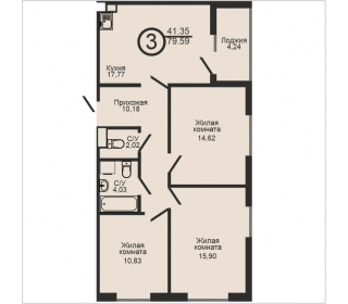 Трехкомнатная квартира, 79.59 м², этаж 17