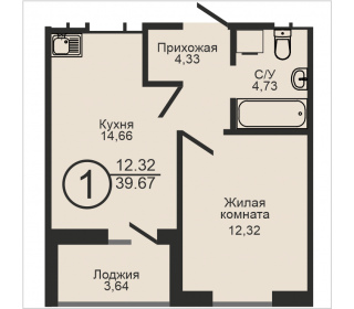 Однокомнатная квартира, 39.67 м², этаж 17