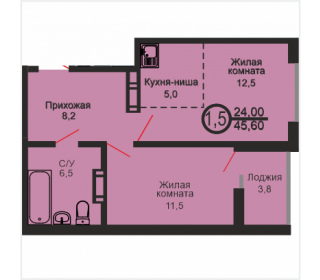 Однокомнатная квартира, 45.6 м², этаж 13