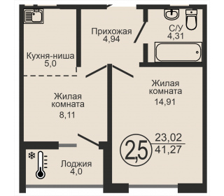 Двухкомнатная квартира, 41.27 м², этаж 6