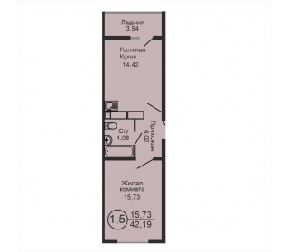 Однокомнатная квартира, 42.19 м², этаж 7