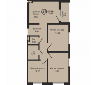 Трехкомнатная квартира, 78.49 м², этаж 19