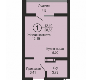 Однокомнатная квартира, 28.83 м², этаж 21
